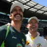 Mitchell Johnson with Michael Clarke at the MCG during the 2013-14 Ashes series.