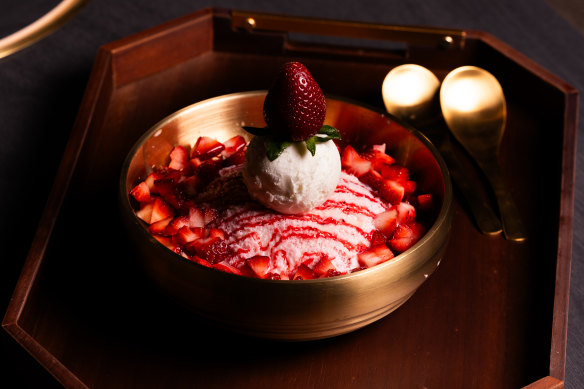 Strawberry bingsu, a shaved ice dessert that’s having a moment in Melbourne.