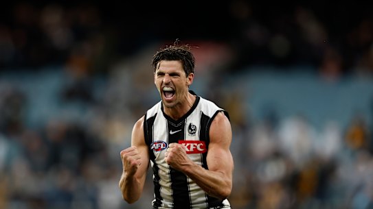 Scott Pendlebury celebrates on the final siren.