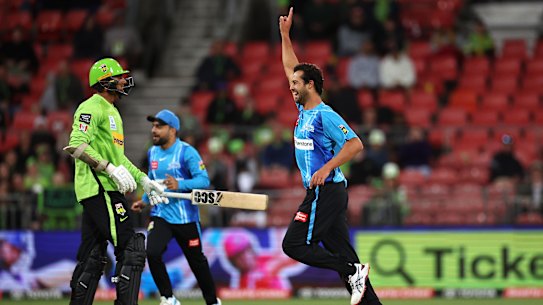 Wes Agar after taking one of his wickets against the Sydney Thunder.