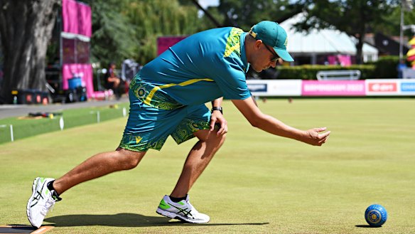 Ben Twist of Australia goes about his business on Monday in the lawn bowls.
