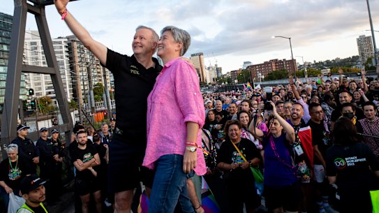 Prime Minister Anthony Albanese and Foreign Minister Penny Wong at the start of the WorldPride 2023 march across the Sydney Harbour Bridge.