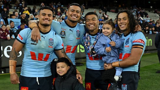 Blues brothers: Spencer Leniu, Stephen Crichton, Brian To’o, Jarome Luai after NSW’s Origin series victory.