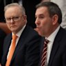 Prime Minister Anthony Albanese with Treasurer Jim Chalmers and Treasury secretary Jenny Wilkinson at the economic roundtable on Tuesday.