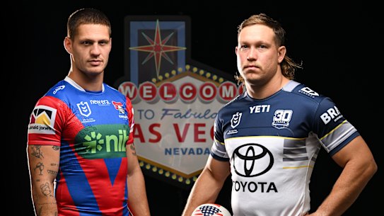 Newcastle’s Kalyn Ponga and North Queensland’s Reuben Cotter.
