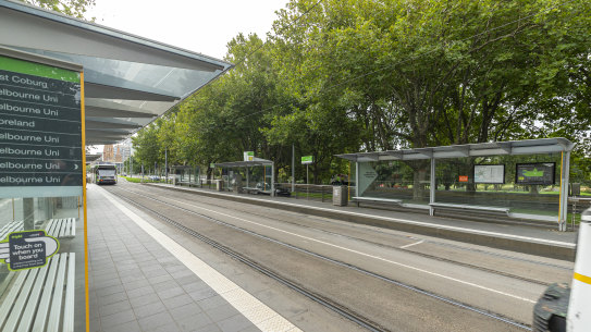 Tram stops along St Kilda Road in South Melbourne are quiet.
