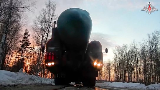 This photo made from video provided by the Russian Defence Ministry shows a Yars strategic missile launcher of the Russian armed forces being driven in an undisclosed location in Russia.
