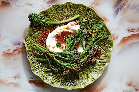 Grilled broccolini with labne and “everything bagel” chilli oil.