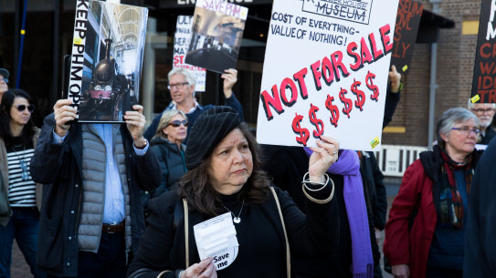A crowd gathers outside the Powerhouse Museum in Ultimo, Sydney last week, to protest at the NSW government's plan to relocate the museum to Parramatta.