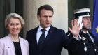French President Emmanuel Macron welcomes European Commission president Ursula von der Leyen at crisis talks in Paris.