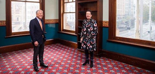Lord mayor Clover Moore and Dr John Yu Museum of Chinese in Australia president at the old Haymarket library.