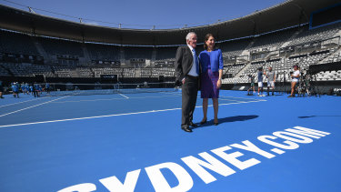 New ball game: Premier Gladys Berejiklian and tennis great Ken Rosewall survey the arena that bears his name.