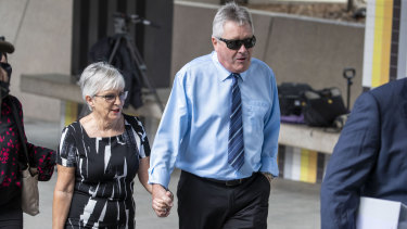 Rae (left) and Colin Betts arrive at the  Brisbane Coroners Court on Monday.