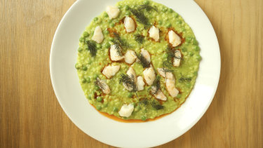 Pea and prawn risotto at the Dolphin Hotel, which is owned by Maurice Terzini.
