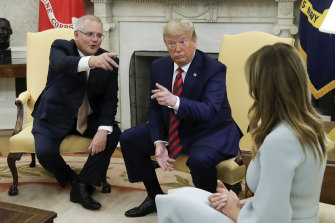 Scott Morrison met with Donald and Melania Trump in the Oval Office. 