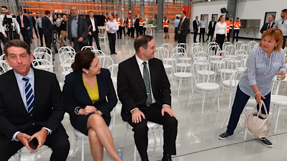 Awkward vibes between Minister Cameron Dick, Premier Annastacia Palaszczuk and Jo-Ann Miller at a press conference on Monday morning. 
