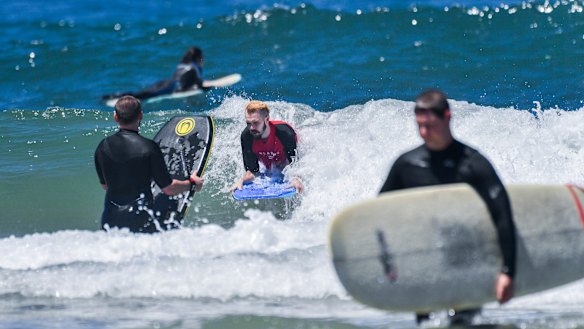 Jordan Forbes surfing at Torquay on Monday. While temperatures will be high on Tuesday and Wednesday, thunderstorms are just around the corner. 