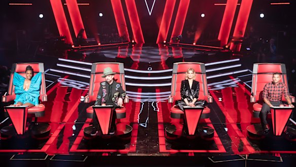 The Voice coaches, from left, Kelly Rowland, Boy George, Delta Goodrem and Guy Sebastian.