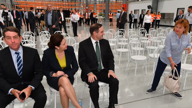 Awkward vibes between Minister Cameron Dick, Premier Annastacia Palaszczuk and Jo-Ann Miller at a press conference on Monday morning. 