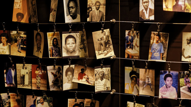 Photographs of some of those who died hang on display in an exhibition at the Kigali Genocide Memorial Centre.