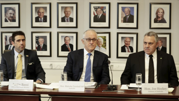 Justin Bassi (left) with former prime minister Malcolm Turnbull and Australian ambassador to the US Joe Hockey.
