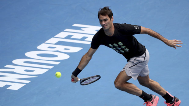 Roger Federer practices at Melbourne Park in 2018. 