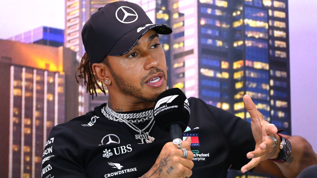 Lewis Hamilton speaks at a Melbourne press conference on Thursday. 