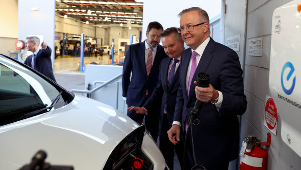 Labor leader Anthony Albanese, climate change and energy spokesman Chris Bowen and  industry and innovation spokesman Ed Husic launching the party’s electric vehicle policy. 
