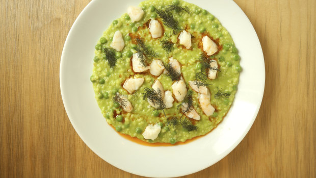Pea and prawn risotto at the Dolphin Hotel, which is owned by Maurice Terzini.
