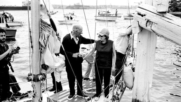 Sir Francis Chichester arrives in Sydney on 12 December 1966 on board the Gipsy Moth IV.