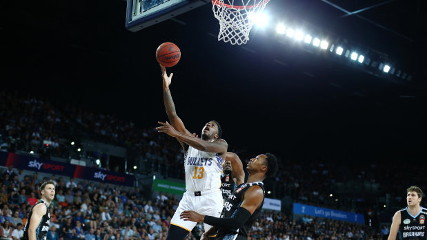 Lamar Patterson of the Bullets goes to the basket against the New Zealand Breakers at Spark Arena in Auckland on Sunday.