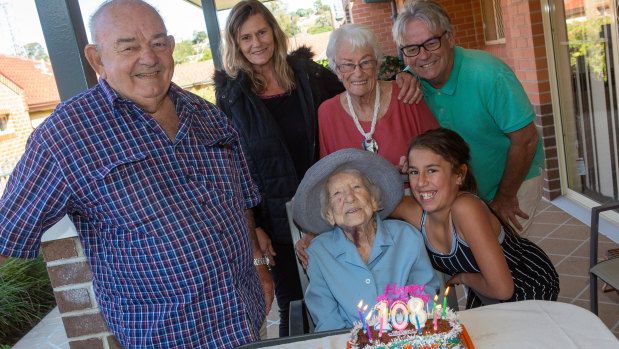Daphne Keith with her nephew Mick Chapman (left) and her family, celebrating her 108th birthday.