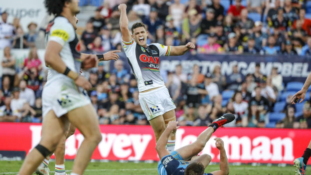 Late show: Nathan Cleary reacts after striking the winning field goal.