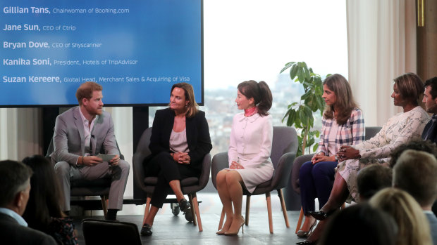 Prince Harry speaks to Chairwoman of booking.com Gillian Tans, CEO Ctrip Jane Sun, President Hotels TripAdvisor Kanika Soni, Global Head of Merchand Sales and Acquiring VISA Suzan Kereere and CEO Skyscanner Bryan Dove in Amsterdam.