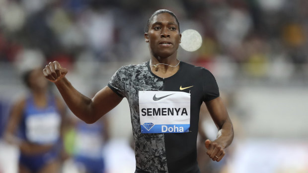  Caster Semenya crosses the line to win gold in the women's 800-metre final during the Diamond League in Doha. 