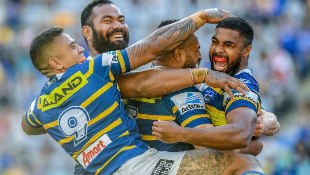 Michael Jennings celebrates a try for the Parramatta Eels 