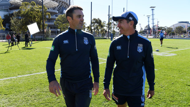 United: Brad Fittler and Greg Alexander at Blues training this week.