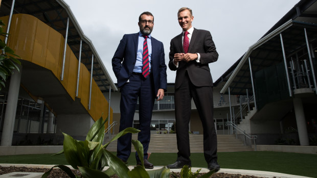 NSW Education Minister Rob Stokes and head of School Infrastructure Anthony Manning at North Kellyville Public School in Sydney.