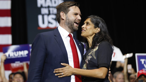 JD Vance with his wife, Usha, who has accompanied him on the campaign trail. 