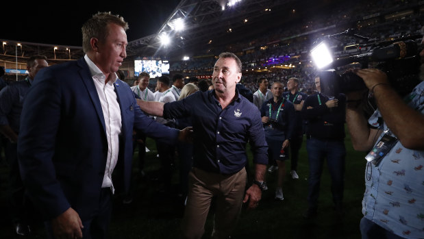 Trent Robinson and Ricky Stuart share a moment after last year's grand final.
