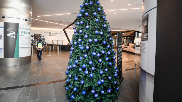 The Christmas tree at police headquarters hung with baubles carrying the names of road victims.  