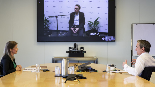 Flashback to 2020: Jessica Irvine records a podcast with Commonwealth Bank CEO Matt Comyn and Treasury Secretary Steven Kennedy (appearing remotely from Canberra).