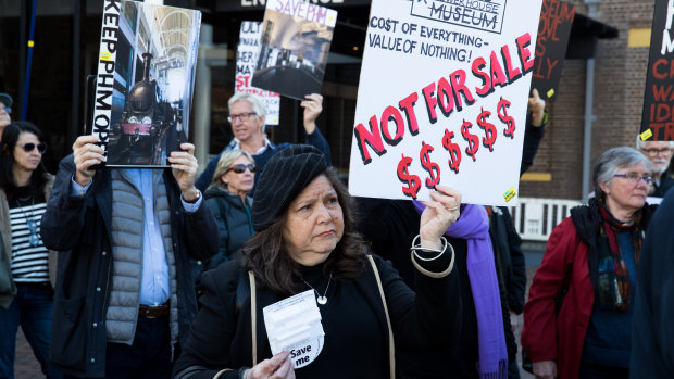 A crowd gathers outside the Powerhouse Museum in Ultimo, Sydney, last week, to protest at the NSW government's plan to relocate the museum to Parramatta.