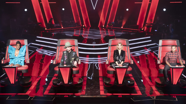The Voice coaches, from left, Kelly Rowland, Boy George, Delta Goodrem and Guy Sebastian.