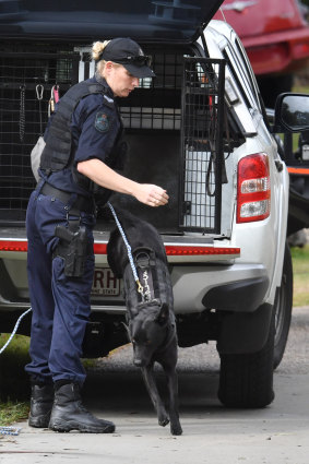 A police dog handler is seen at the mobile home park.