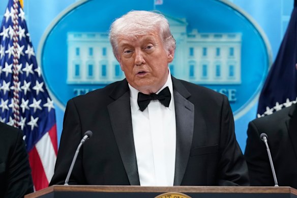 President Donald Trump speaking after the shooting at the annual White House Correspondents’ Association dinner in Washington.