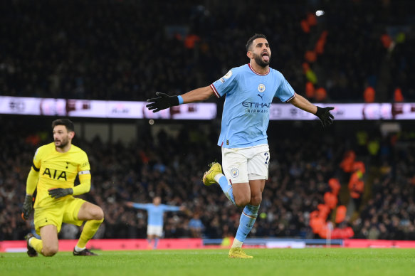 Riyad Mahrez celebrates his second goal in City’s come-from-behind Premier League win over Tottenham.