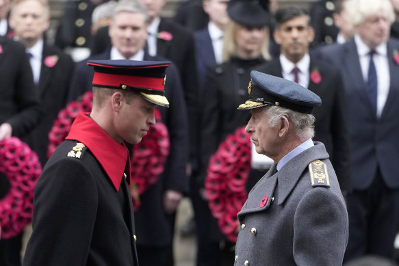 Prince William and King Charles III attend the Remembrance Sunday service at the Cenotaph on Whitehall in London in November.