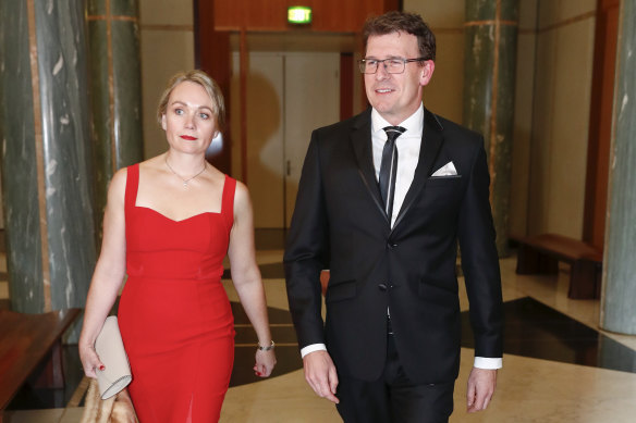 I don’t want to be defined as ‘the lady in the red dress’: Rachelle Miller and Alan Tudge arrive for the Midwinter Ball at Parliament House in 2017.