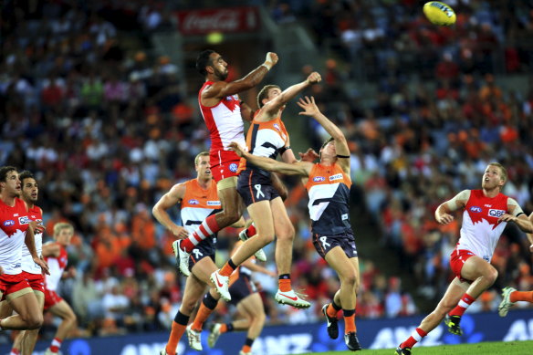 Players contest the ball in the inaugural Sydney derby back in 2012